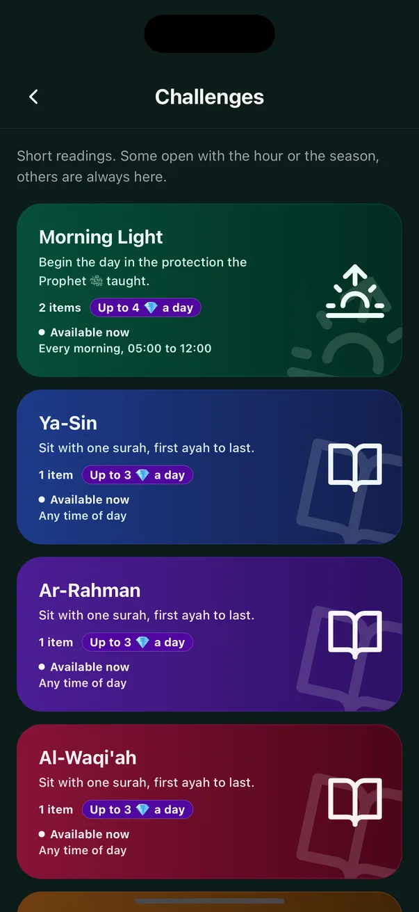 Short reading sets you can finish: Morning Light, Ya-Sin, Ar-Rahman, Al-Waqiah