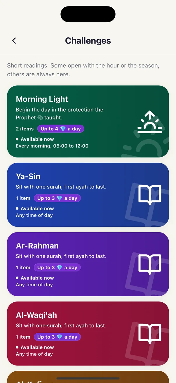 Short reading sets you can finish: Morning Light, Ya-Sin, Ar-Rahman, Al-Waqiah