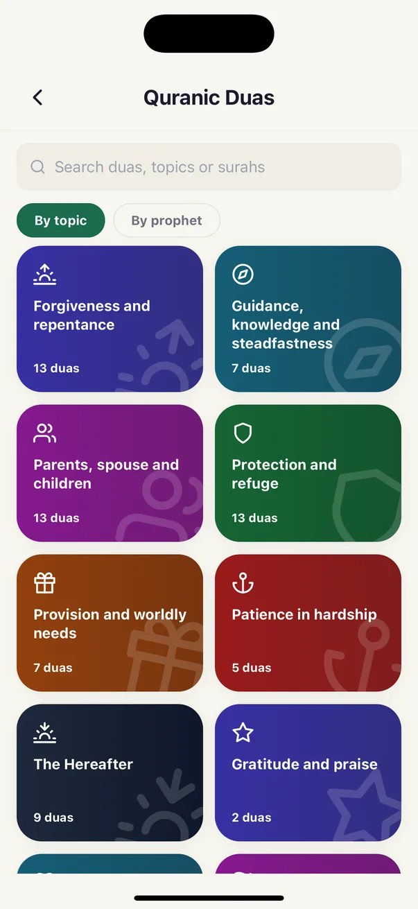 Quranic duas, grouped by topic and by prophet