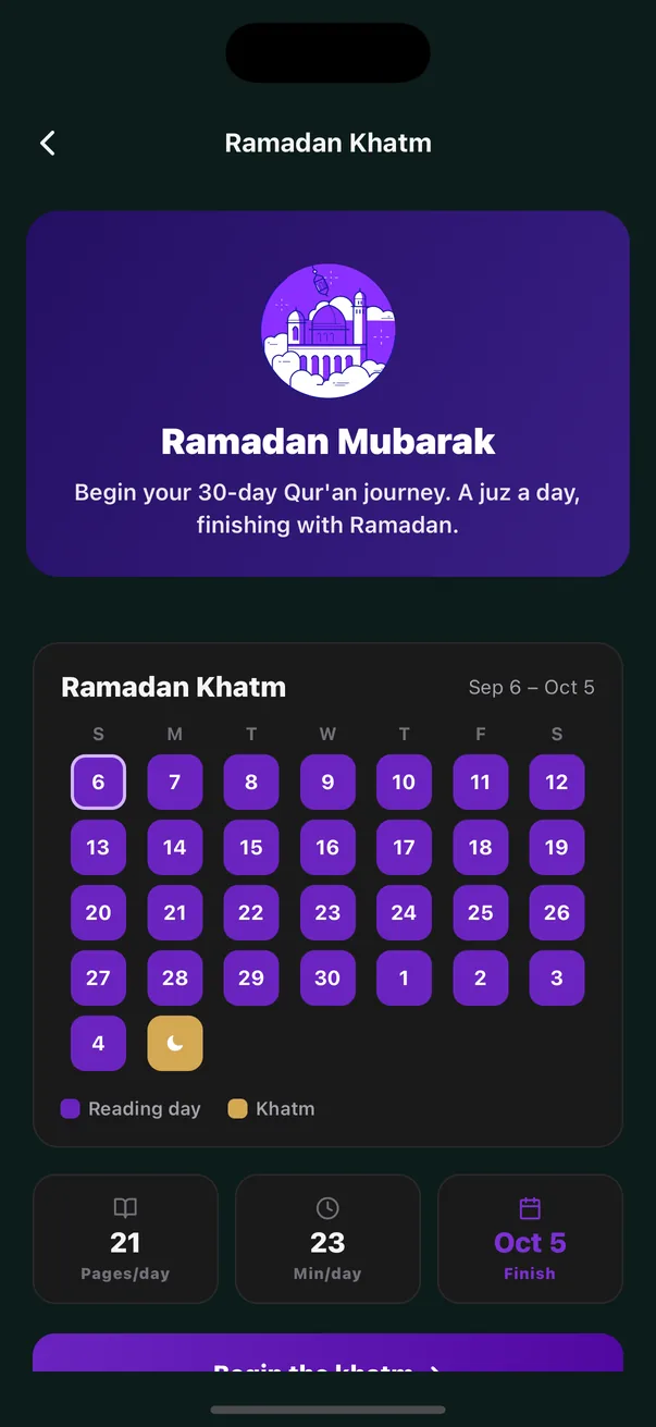 Der Ramadan-Khatm in der Quran Habit App: der Monat als Kalender, mit Seiten pro Tag und einem Abschlussdatum.