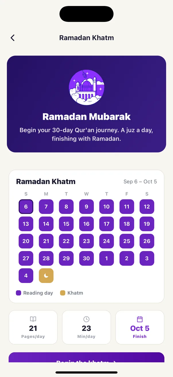 Der Ramadan-Khatm in der Quran Habit App: der Monat als Kalender, mit Seiten pro Tag und einem Abschlussdatum.