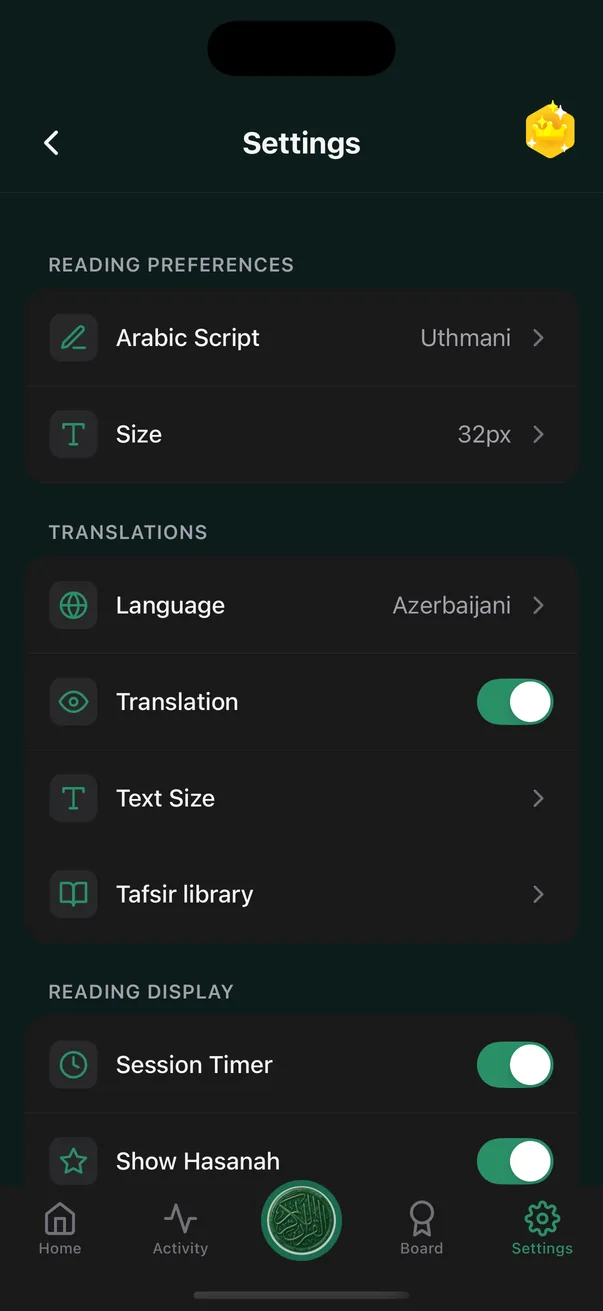 Pengaturan aplikasi Quran Habit: kelompok Reading Preferences dengan baris Arabic Script bernilai Uthmani dan Size bernilai 32px, kelompok Translations dengan Language bernilai Azerbaijani, sakelar Translation menyala, Text Size dan Tafsir library, lalu kelompok Reading Display dengan Session Timer dan Show Hasanah menyala
