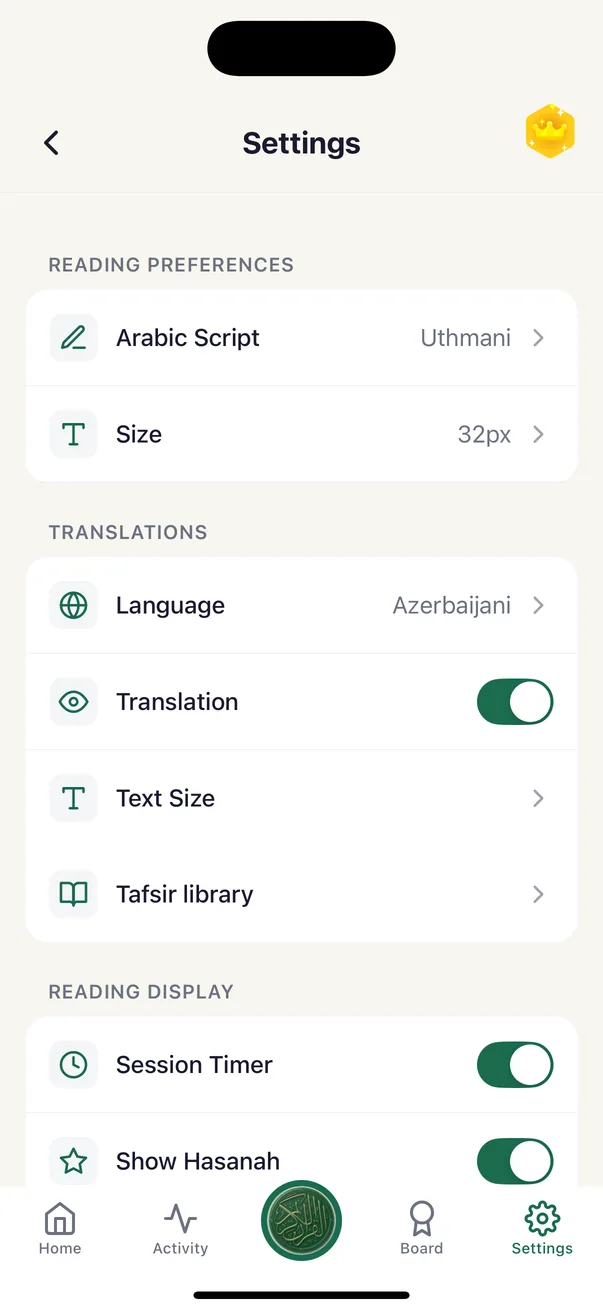 Pengaturan aplikasi Quran Habit: kelompok Reading Preferences dengan baris Arabic Script bernilai Uthmani dan Size bernilai 32px, kelompok Translations dengan Language bernilai Azerbaijani, sakelar Translation menyala, Text Size dan Tafsir library, lalu kelompok Reading Display dengan Session Timer dan Show Hasanah menyala