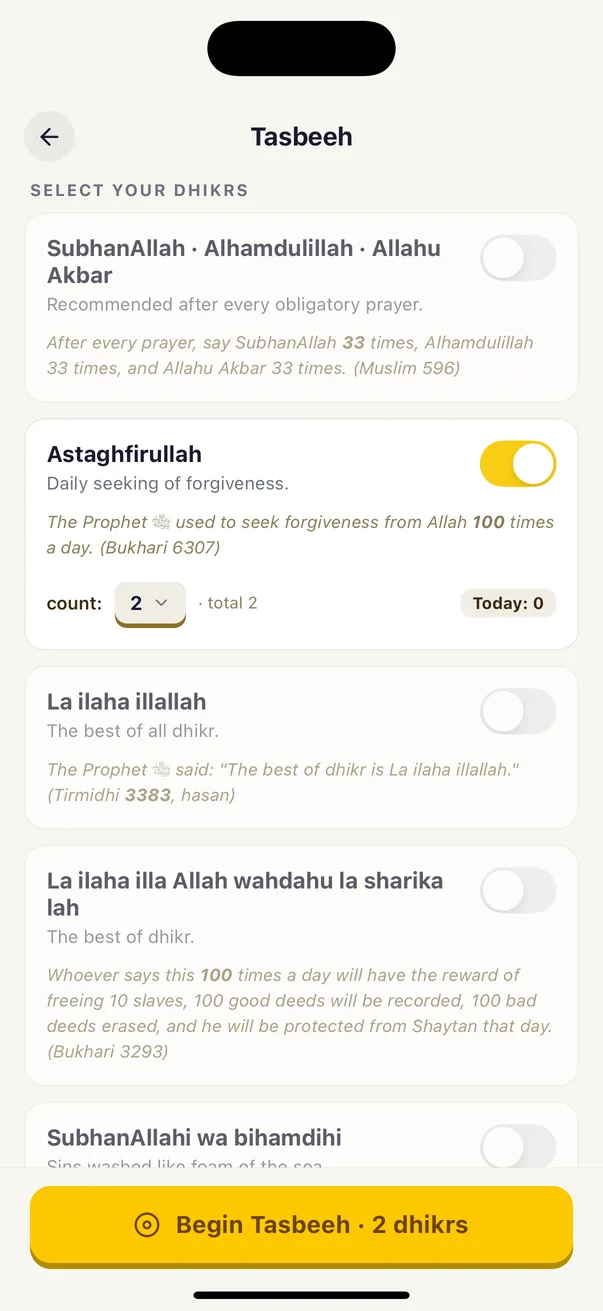 Popis zikrova u aplikaciji Quran Habit, sa ciljem za svaki zikr.