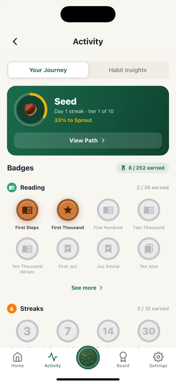 The Your Journey tab in the Quran Habit app, showing the Seed tier, tier 1 of 10, 33 percent to Sprout, and a badge grid reading 8 of 252 earned.