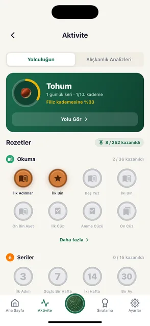 Sevabı ve seriyi gösteren etkinlik ekranı