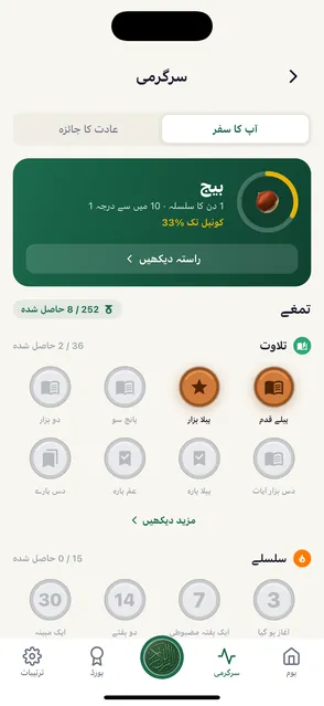 حسنات اور تسلسل دکھاتی سرگرمی اسکرین