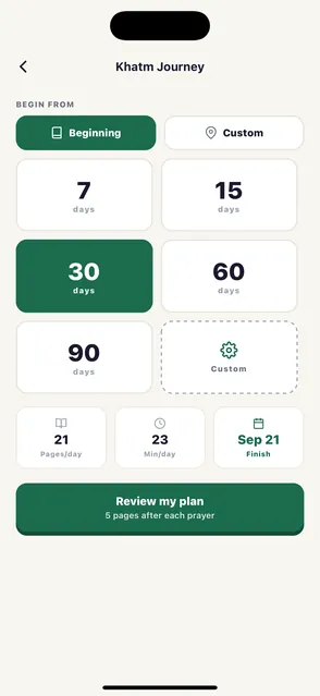 The Khatm Journey plan screen