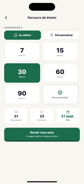 L'écran de plan du Parcours de Khatma