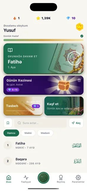 Quran Habit tətbiqinin ana ekranı