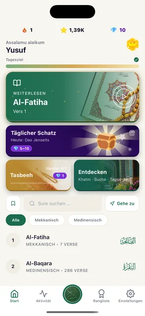Der Startbildschirm der Quran-Habit-App