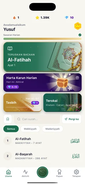 Skrin utama aplikasi Quran Habit