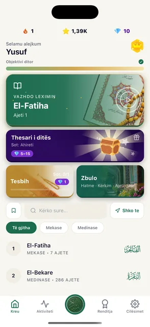 Ekrani kryesor i aplikacionit Quran Habit